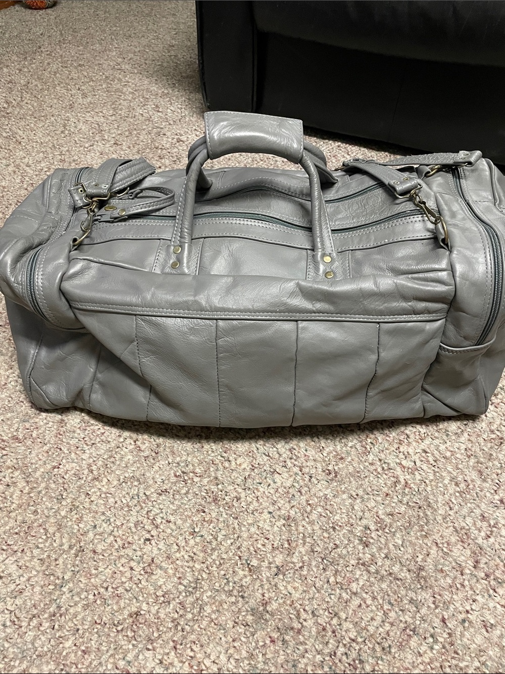 Vintage Gray Leather Weekender Duffel Bag
